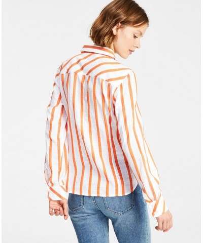 Women's Cotton Striped Roll-Tab Shirt Swim Stripe- Bright White/mandarin $23.84 Tops