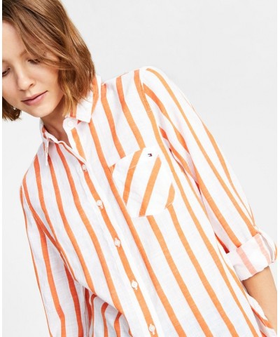 Women's Cotton Striped Roll-Tab Shirt Swim Stripe- Bright White/mandarin $23.84 Tops