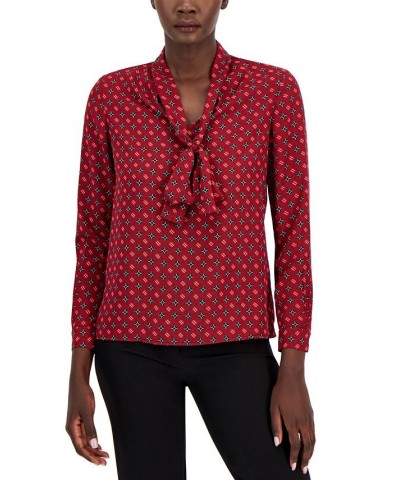 Women's Printed Satin-Twill Tie-Neck Blouse Titian Red Combo $20.70 Tops