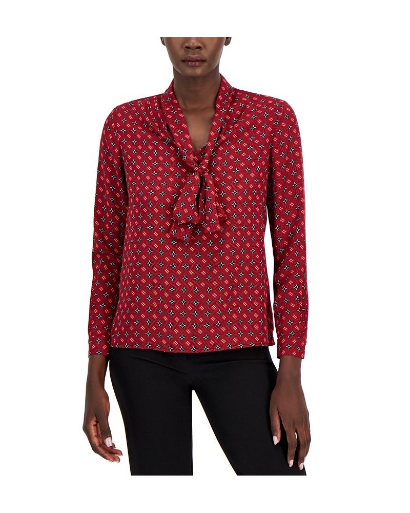 Women's Printed Satin-Twill Tie-Neck Blouse Titian Red Combo $20.70 Tops