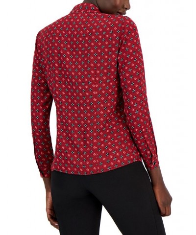 Women's Printed Satin-Twill Tie-Neck Blouse Titian Red Combo $20.70 Tops