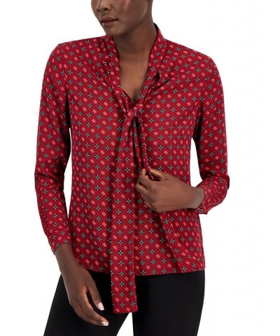 Women's Printed Satin-Twill Tie-Neck Blouse Titian Red Combo $20.70 Tops