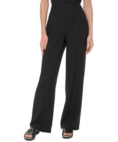 Women's Crinkled High Rise Front-Zip Pants Black $43.60 Pants