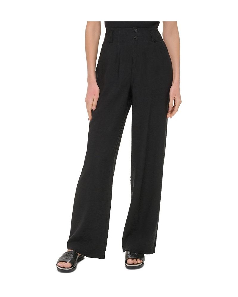 Women's Crinkled High Rise Front-Zip Pants Black $43.60 Pants