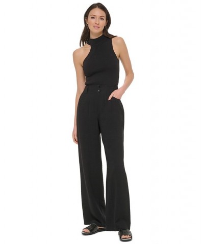 Women's Crinkled High Rise Front-Zip Pants Black $43.60 Pants