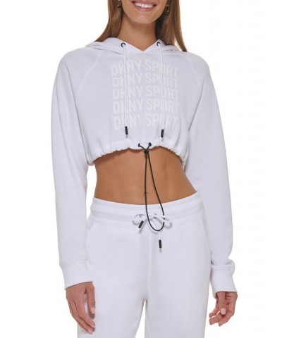 Women's Performance Cropped Repeat-Logo Drawstring Hoodie White $25.96 Tops