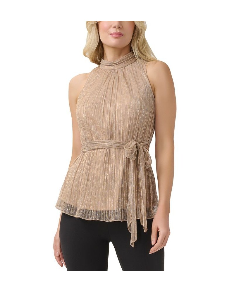 Women's Metallic Mesh Halter Top Champagne Gold $54.18 Tops