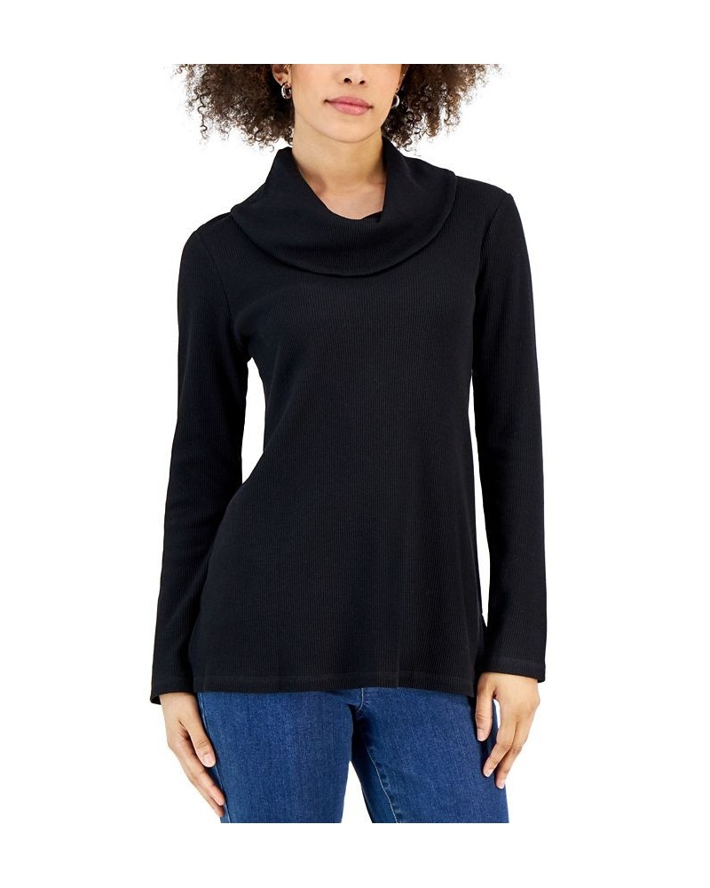 Women's Mini Waffle Cowlneck top Black $13.51 Tops