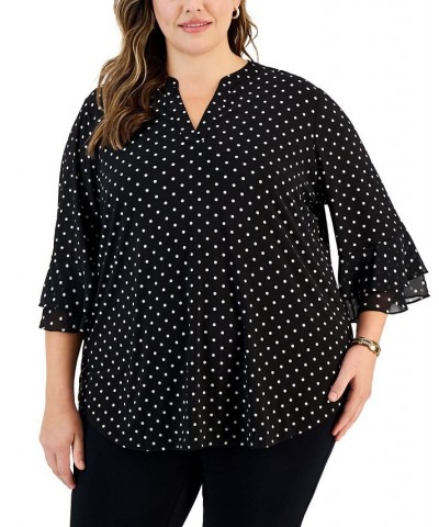 Plus Size Dot-Print Flutter-Sleeve Blouse Black/vanilla Ice $47.17 Tops