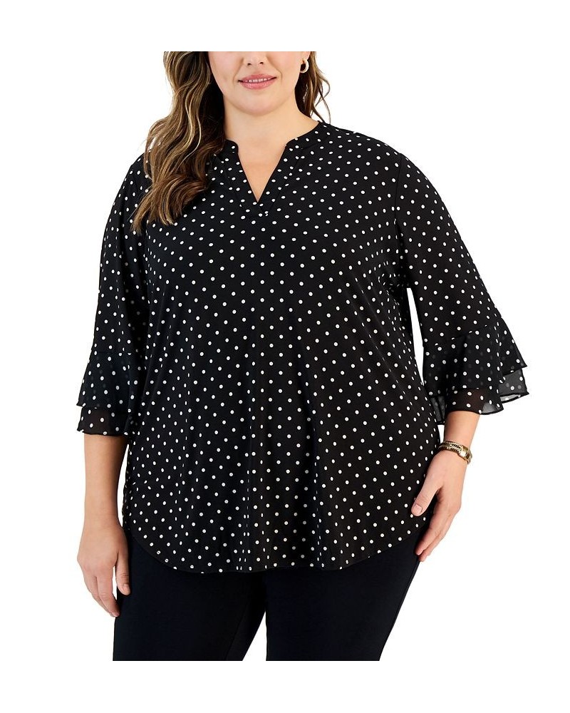 Plus Size Dot-Print Flutter-Sleeve Blouse Black/vanilla Ice $47.17 Tops