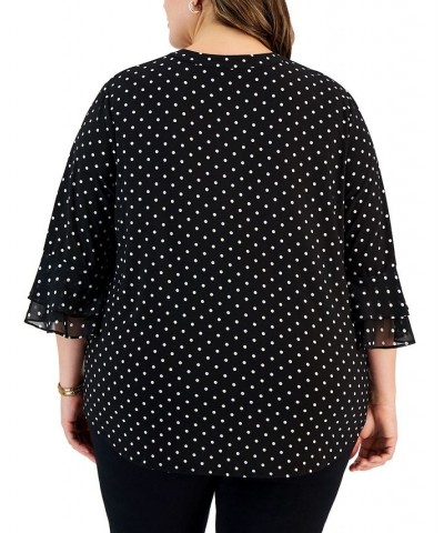 Plus Size Dot-Print Flutter-Sleeve Blouse Black/vanilla Ice $47.17 Tops