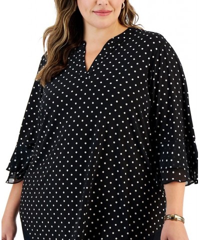 Plus Size Dot-Print Flutter-Sleeve Blouse Black/vanilla Ice $47.17 Tops