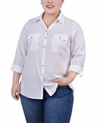 Plus Size 3/4 Roll Tab Blouse with Pockets Ivory/Cream $13.72 Tops