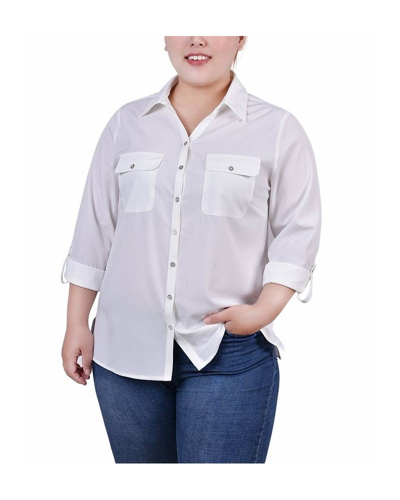 Plus Size 3/4 Roll Tab Blouse with Pockets Ivory/Cream $13.72 Tops