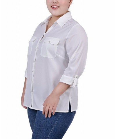 Plus Size 3/4 Roll Tab Blouse with Pockets Ivory/Cream $13.72 Tops