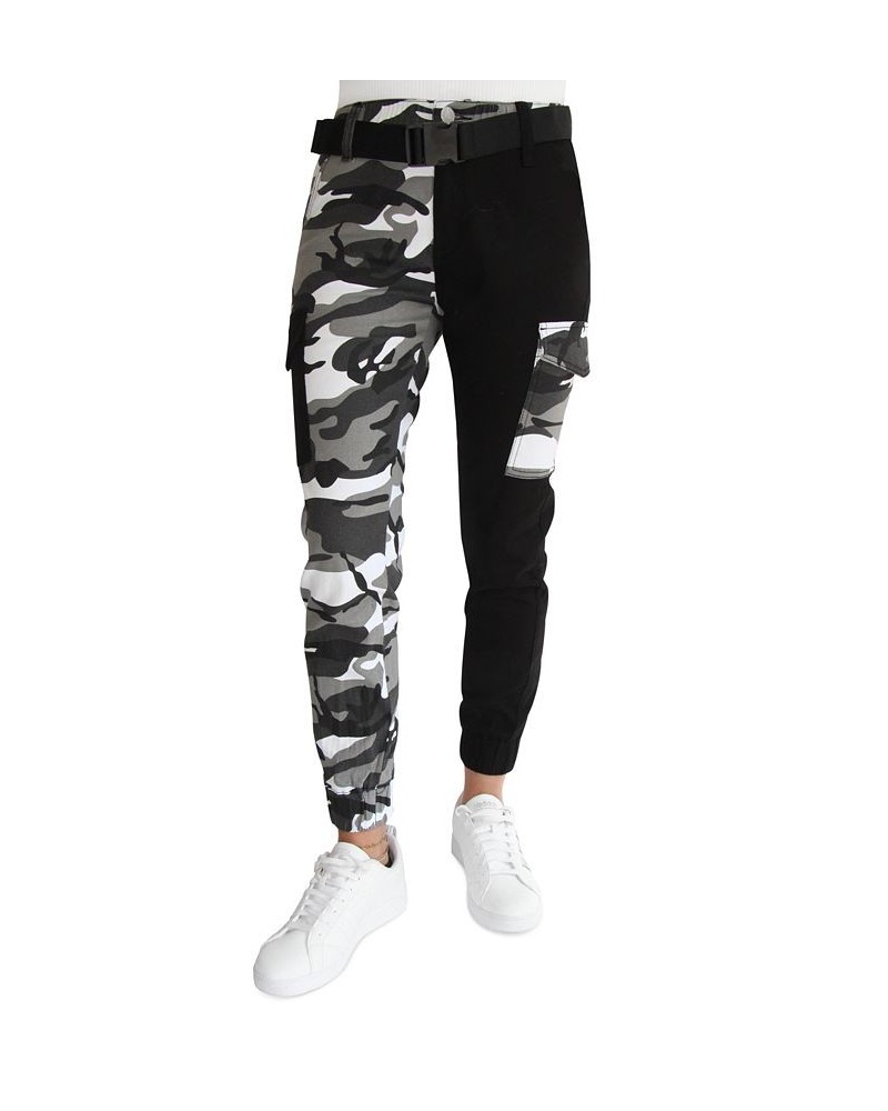 Juniors' Belted Two-Tone Camp Joggers Black $25.92 Pants