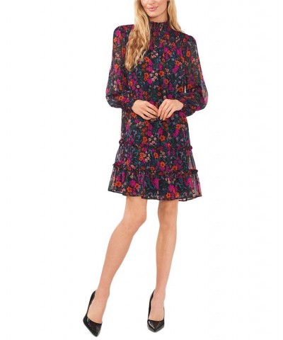Women's Floral-Print Smocked Blouson-Sleeve Shift Dress Rich Black $46.44 Dresses