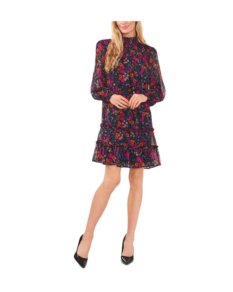 Women's Floral-Print Smocked Blouson-Sleeve Shift Dress Rich Black $46.44 Dresses