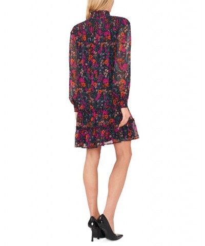 Women's Floral-Print Smocked Blouson-Sleeve Shift Dress Rich Black $46.44 Dresses