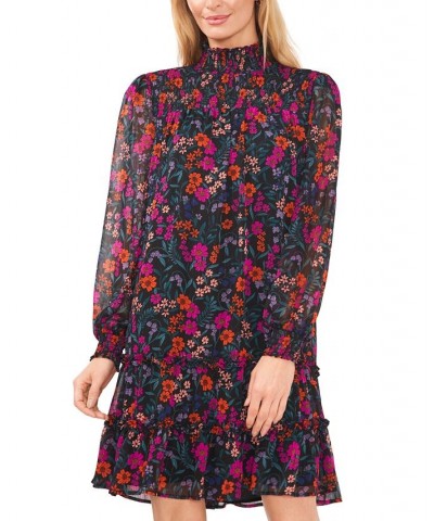 Women's Floral-Print Smocked Blouson-Sleeve Shift Dress Rich Black $46.44 Dresses