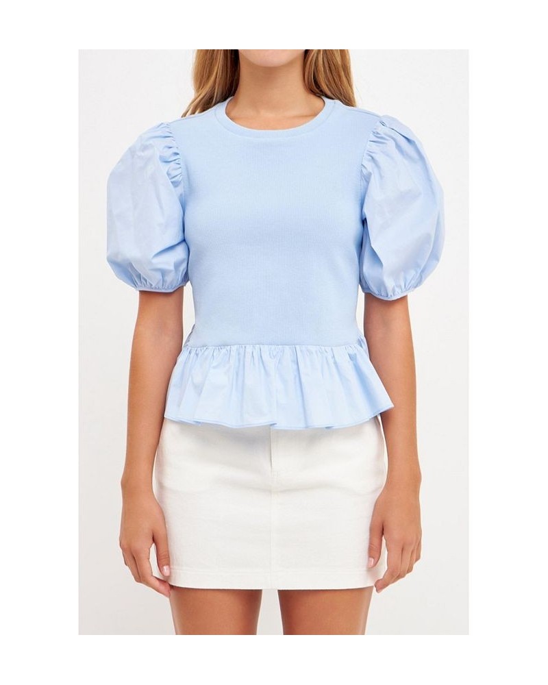 Women's Mixed Media Puff Sleeve Top Blue $43.20 Tops