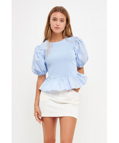 Women's Mixed Media Puff Sleeve Top Blue $43.20 Tops