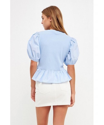 Women's Mixed Media Puff Sleeve Top Blue $43.20 Tops