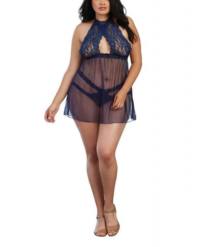 Women's Plus Size Stretch Lace and Mesh Babydoll Lingerie with Matching Panty Midnight $23.78 Lingerie