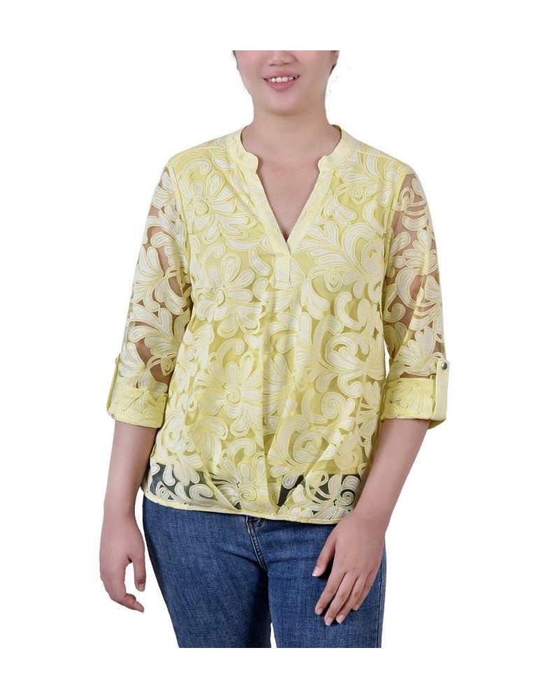 Petite Long Sleeve Burnout Y-Neck Blouse Yellow $13.12 Tops