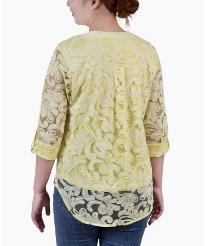 Petite Long Sleeve Burnout Y-Neck Blouse Yellow $13.12 Tops