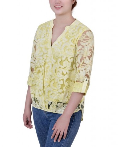 Petite Long Sleeve Burnout Y-Neck Blouse Yellow $13.12 Tops