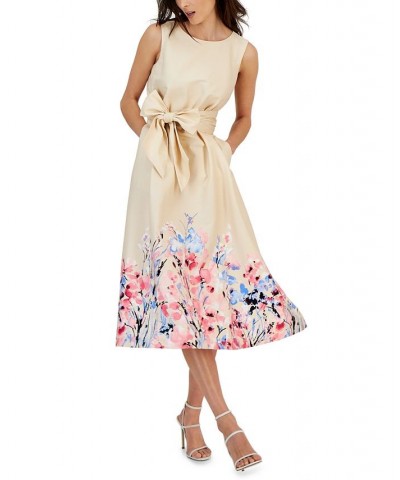 Women's Floral-Print Belted Midi Dress Crema Multi $47.68 Dresses