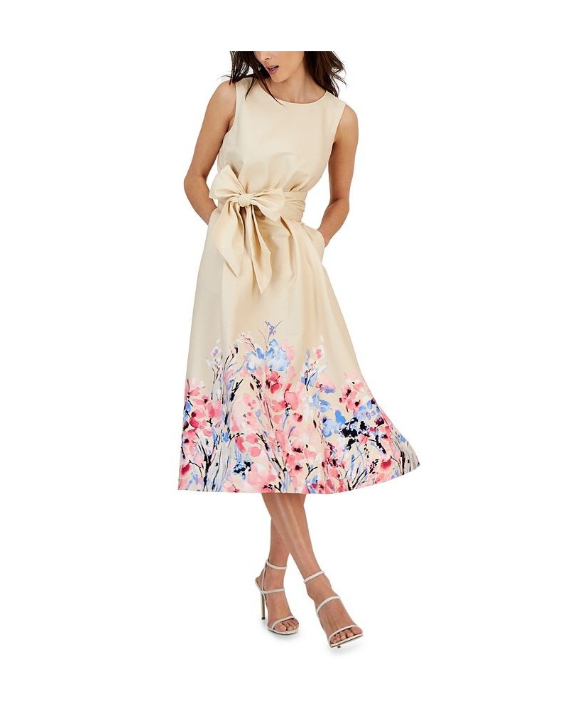 Women's Floral-Print Belted Midi Dress Crema Multi $47.68 Dresses