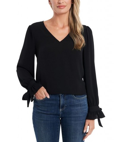 Women's Solid Long Sleeve V-Neck Tie-Cuff Blouse Rich Black $27.24 Tops