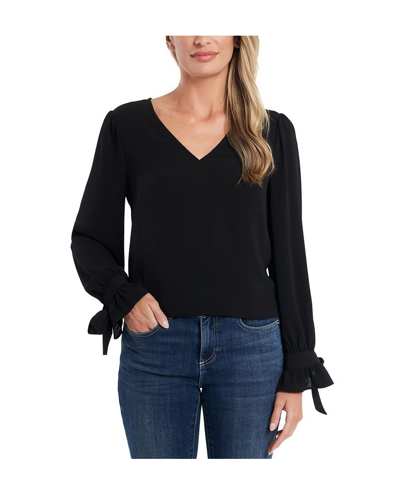 Women's Solid Long Sleeve V-Neck Tie-Cuff Blouse Rich Black $27.24 Tops