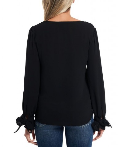 Women's Solid Long Sleeve V-Neck Tie-Cuff Blouse Rich Black $27.24 Tops