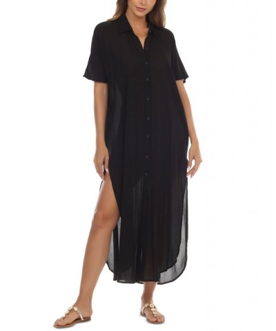 Women's Button-Down Maxi Dress Cover-Up Black $31.36 Swimsuits