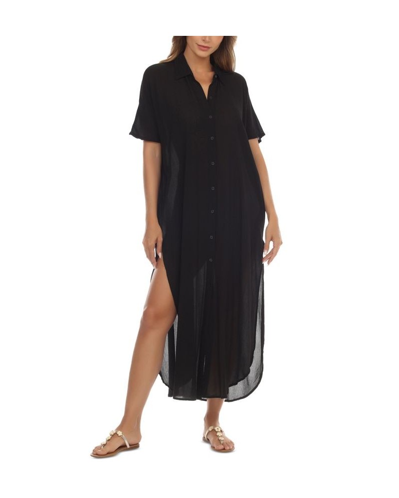 Women's Button-Down Maxi Dress Cover-Up Black $31.36 Swimsuits