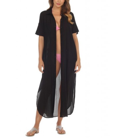 Women's Button-Down Maxi Dress Cover-Up Black $31.36 Swimsuits