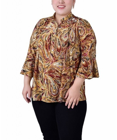 Plus Size Pleat Front Y-Neck Top Multi Gray Peacock $11.68 Tops
