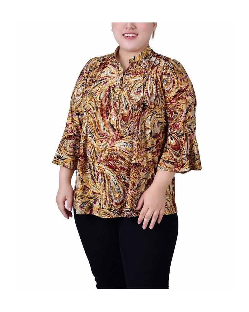 Plus Size Pleat Front Y-Neck Top Multi Gray Peacock $11.68 Tops