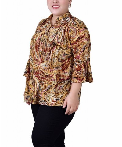 Plus Size Pleat Front Y-Neck Top Multi Gray Peacock $11.68 Tops