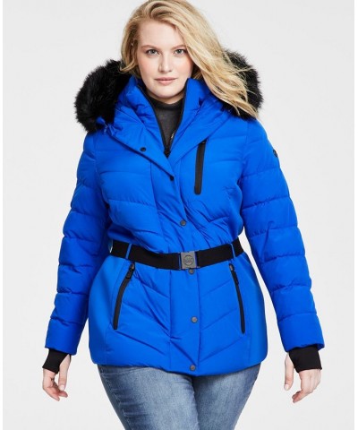 Women's Plus Size Faux-Fur-Trim Hooded Puffer Coat Blue $81.90 Coats
