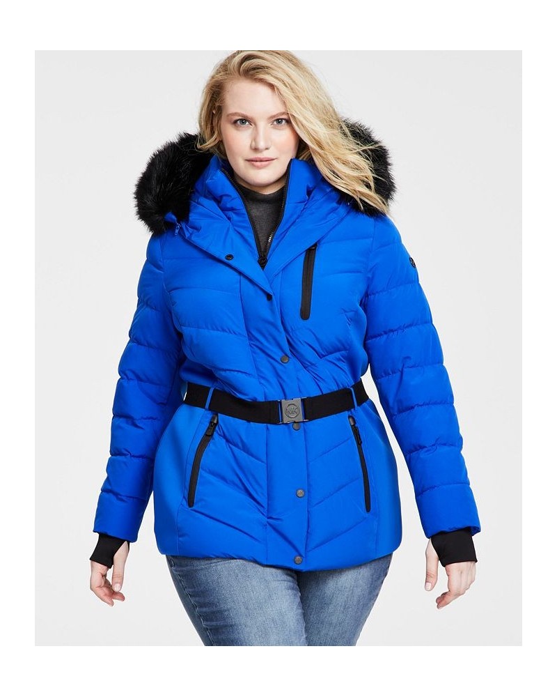 Women's Plus Size Faux-Fur-Trim Hooded Puffer Coat Blue $81.90 Coats