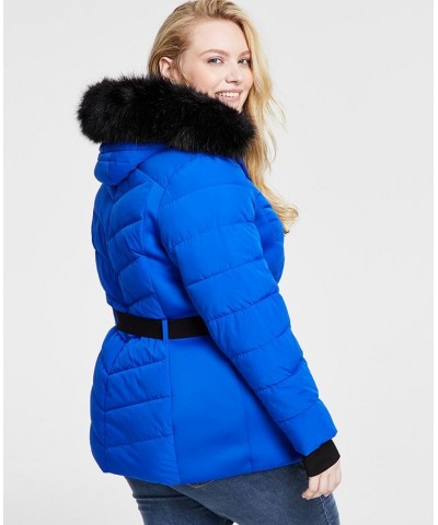 Women's Plus Size Faux-Fur-Trim Hooded Puffer Coat Blue $81.90 Coats