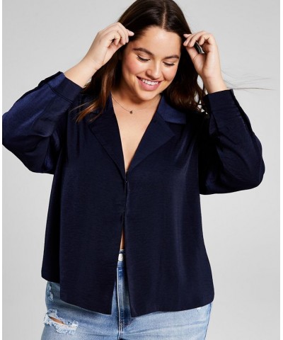 Trendy Plus Size Satin Notched Collar Top Blue $19.20 Tops