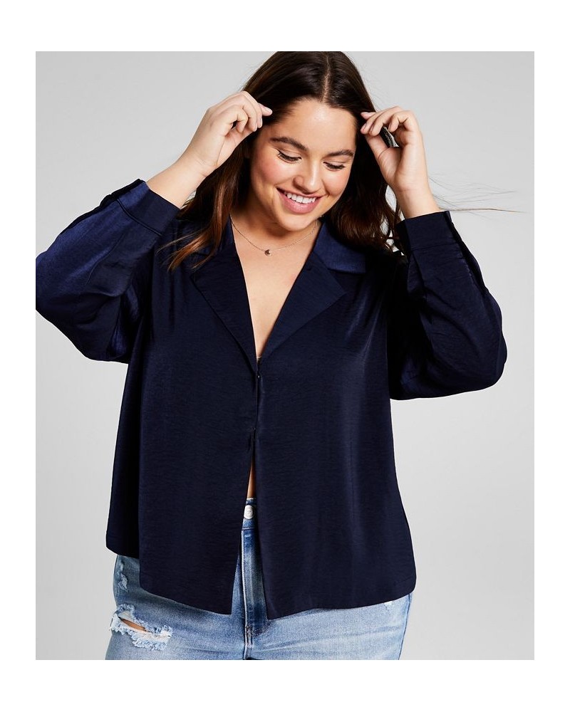 Trendy Plus Size Satin Notched Collar Top Blue $19.20 Tops