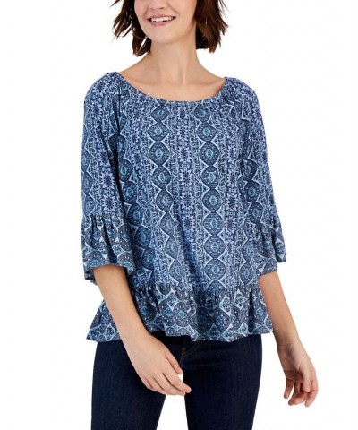 Women's Printed On Off Knit Top Blue $12.20 Tops