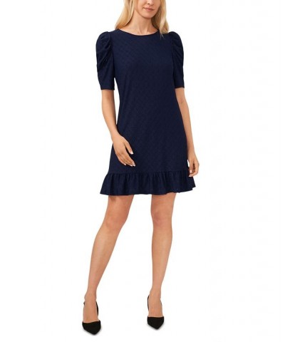 Women's Puff-Sleeve Eyelet Ruffled-Hem Dress Blue $22.89 Dresses