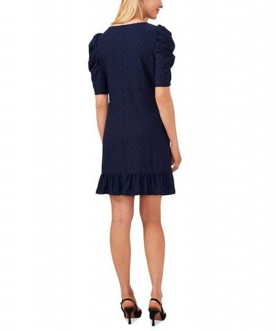 Women's Puff-Sleeve Eyelet Ruffled-Hem Dress Blue $22.89 Dresses